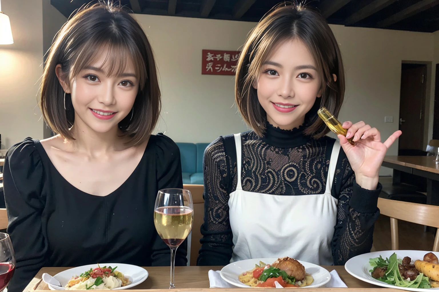 (Realistic:1.1),(masterpiece,Highest quality),8k,(49 years old), 53 years old, ベリーslimボディ、slimカップル、Tight waist,Upper Body,full-course dinner、wine 、Amazing view of the sunset sky and clouds、Perfect Anatomy, Brown Hair, short hair,Random Hairstyles,((Highly detailed face and eyes:1.2)),Perfect golden ratio face,Long sleeve shirt、dress,(smile:1.2)、Shortcuts、cute、(Realistic, Intricate details:1.2), A bright smile、short hair,Bright Face、赤wine 、Appetizers、Italian food、wine bottle、Champagne、スパークリングwine、(slimな顔), (The body is slim), (Brown Hair), (Shortcuts), Upper Body, 白wine, slim, wineグラス,