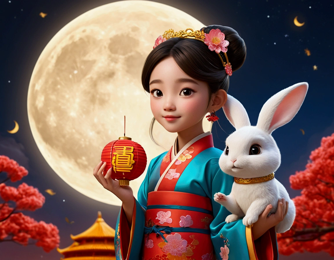 mid-autumn festival，Cute fairy，Wearing Chinese costumes，Play next to the girl with a rabbit，Moon cake，Auspicious clouds，Behind the huge moon，a warm color palette，abstract pictures，ultra-realistic realism，pixar-style，3d effect，Disney  style，clear contour light，rim-light，fanciful，spotlight lights，8k
