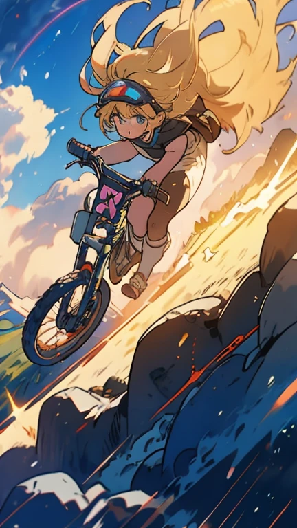 
One girl\(Mountain bike\(Motion Blur:1.2\), (downhill:1.4), Running down a dangerous cliff, rider, downhill outfit\(Full Face Helmets, mud stains, protector, visor,goggles\(rainbow reflection\)\),blonde,Long Hair,Floating Hair, (Dynamic Action:1.5)\), break ,background\(nature, Light cloudiness, Sunlight shines through the clouds ,heavy rain, mud, Dust,\), (Dynamic Angle:1.4),Long Shot,Wide Shot, landscape