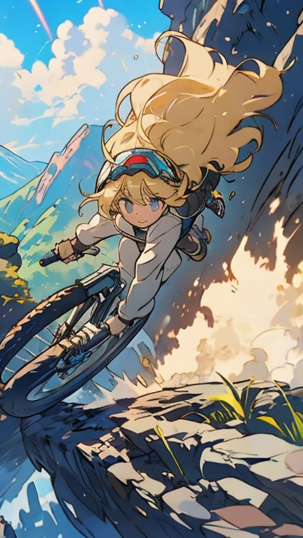 
One girl\(Mountain bike\(Motion Blur:1.2\), (downhill:1.4), Running down a dangerous cliff, rider, downhill outfit\(Full Face Helmets, mud stains, protector, visor,goggles\(rainbow reflection\)\),blonde,Long Hair,Floating Hair, (Dynamic Action:1.5)\), break ,background\(nature, Light cloudiness, Sunlight shines through the clouds ,heavy rain, mud, Dust,\), (Dynamic Angle:1.4),Long Shot,Wide Shot, landscape