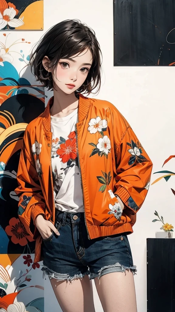 From above, 20-year-old woman, Asymmetrical short hair, Hands in pockets, Coordination of Japanese pattern jacket and micro mini shorts:1.2, Petal Collage, abstract design, artistic juxtapositions, And handle background, warm color, mixed-media approach, Anime Style, Simple lines, Digital Painting, (masterpiece, High resolution, Highest quality)
