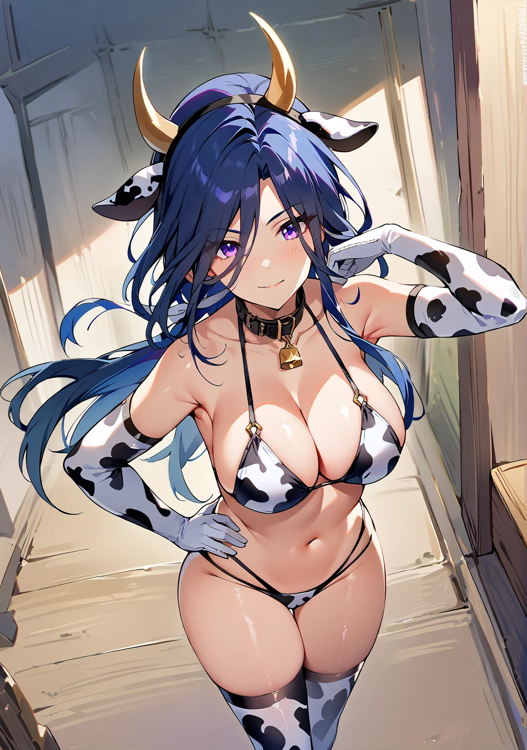 score_9, score_8_above, large breasts, 1 girl, Alone, solo, BREAK Clorinde, Genshin impact, dark blue hair, long hair, original hair style, bright purple eyes, \(CLOTHES\), alternate costume, cowgirl, bikini, long gloves, Stockings, cow print clothing, Fake cow horns and ears, collar, large breasts, armpits, gleaming, bewitching thighs, chest outline, shiny skin, \(BREAK\), arrogant look,showing a slight smile, standing, front shot, middle shot, hand on hip, \(BREAK\), depth of field, clear sky, butterflies around