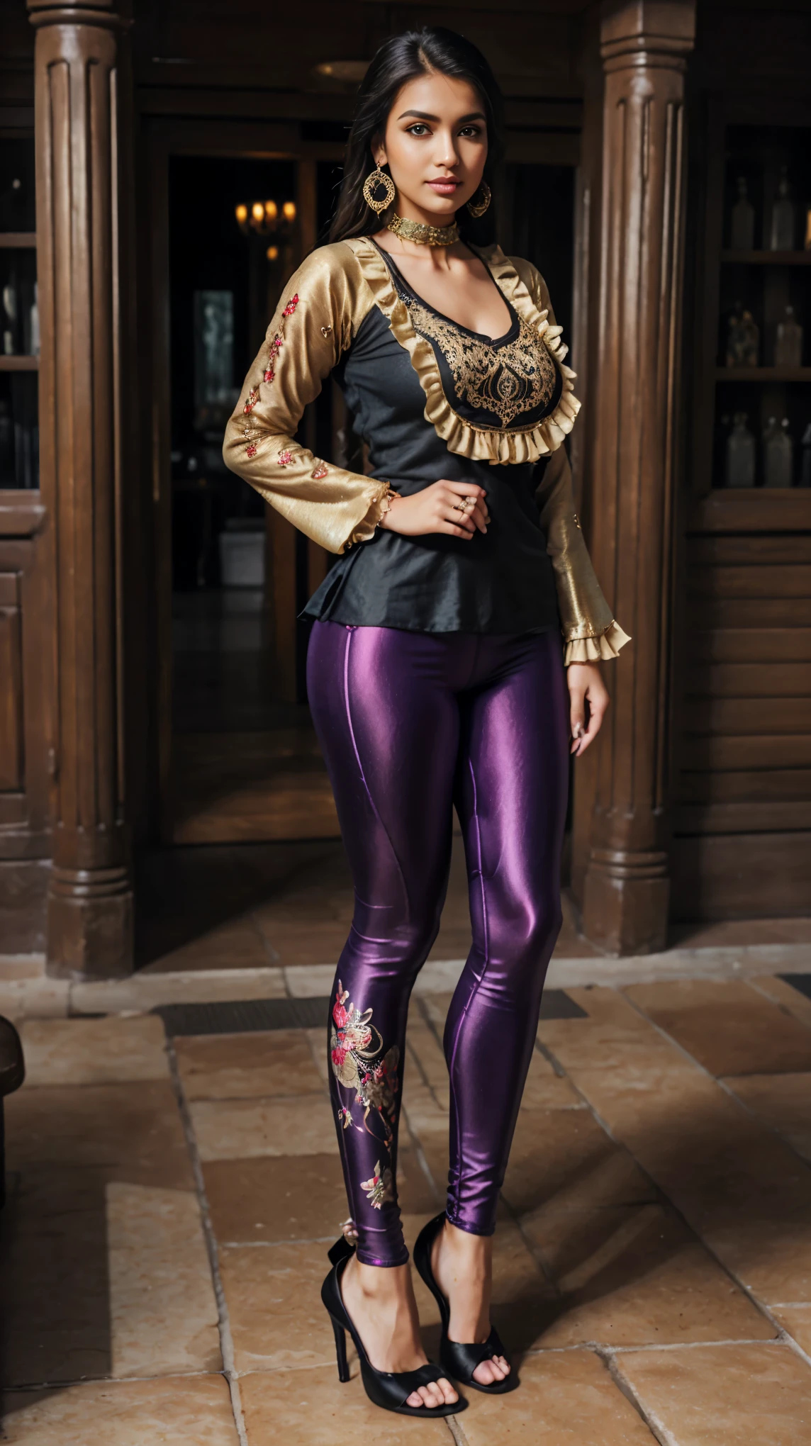 ((photo of 20 year old beautiful girl, beautiful and charming girl)), ,
((((Full body shot:1.5)))), (full body in picture), (full body photo Close-up photo of the shin), (Indian babe), (attention standing posture, separate legs), (looking at viewers, front view shot, from_fronts),
best quality, movie studio lighting, illustration at Very detailed, ultra high resolution, depth of field, caustic, natural shading, masterpiece, hyper realistic, hyper detailed, photorealists, 8K, HDR, High resolution, (1girl), (Blurry background), (Bokeh:1.2), RAW photo, complicated details, extremely detailed, candid picture, candid shots, extreme detailed, colorful, highest detailed, (iconic picture shot, perfect brightness, perfect contrast, perfect colour),
hair is one eye, purple eyes, Golden blonde hair, side bangs, sharp eyeliner, blush eyeshadow with thick eyelashes, lip gloss very delicate and beautiful, round chin, round earrings, sharp eyes, letter choker, (symmetrical eyes), (perfectly symmetrical body),
(pretty face, iconic face), (perky breasts, perfect rounded breasts, attractive breasts, perfect symmetrical breasts), (attractive body figure, perfect body figure, perfect figure, curvy_figure, straight body figure, wide body posture), skin_tight, (thin), smile,
(Fancy High heels),
(beautiful girl in Indian outfits), ,
(((Fancy kurta with skinny sleeve, (fancy flared kurta), fancy kurta, iconic kurta, embroidery kurta, skinny long sleeves, elegant ruffled kurta), (fancy leggings, beautiful leggings, leggings))),