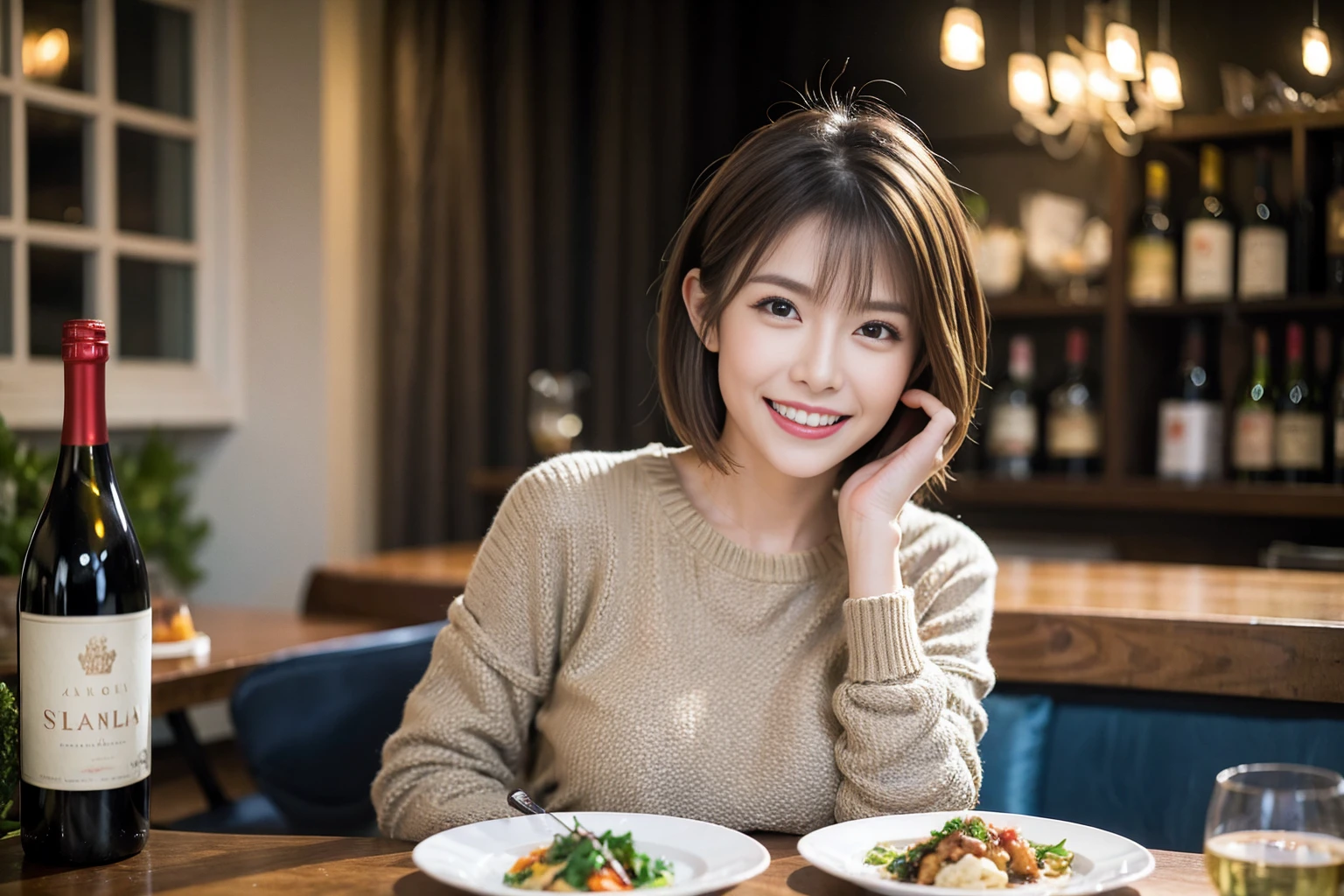 (Realistic:1.1),(masterpiece,Highest quality),8k,(49 years old), 53 years old, ベリーslimボディ、slimカップル、Tight waist,Upper Body,full-course dinner、wine 、Amazing view of the sunset sky and clouds、Perfect Anatomy, Brown Hair, short hair,Random Hairstyles,((Highly detailed face and eyes:1.2)),Perfect golden ratio face,Long sleeve shirt、dress,(smile:1.2)、Shortcuts、cute、(Realistic, Intricate details:1.2), A bright smile、short hair,Bright Face、赤wine 、Appetizers、Italian food、wine bottle、Champagne、スパークリングwine、(slimな顔), (The body is slim), (Brown Hair), (Shortcuts), Upper Body, 白wine, slim, wineグラス,