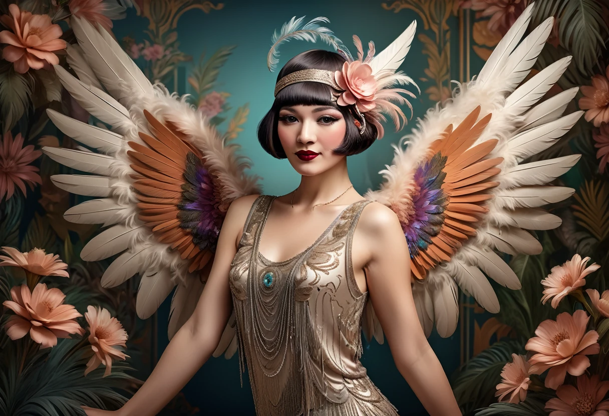 An (elegant:1.3) (long exposure:1.2) digital art of a (caricature flapper woman:1.3) with (detailed feathered wings:1.2) and (whimsical floral elements:1.2). The composition features a (full-body:1.1) view of the flapper woman, exuding a (playful and fantastical atmosphere:1.2). (Masterpiece:1.5).