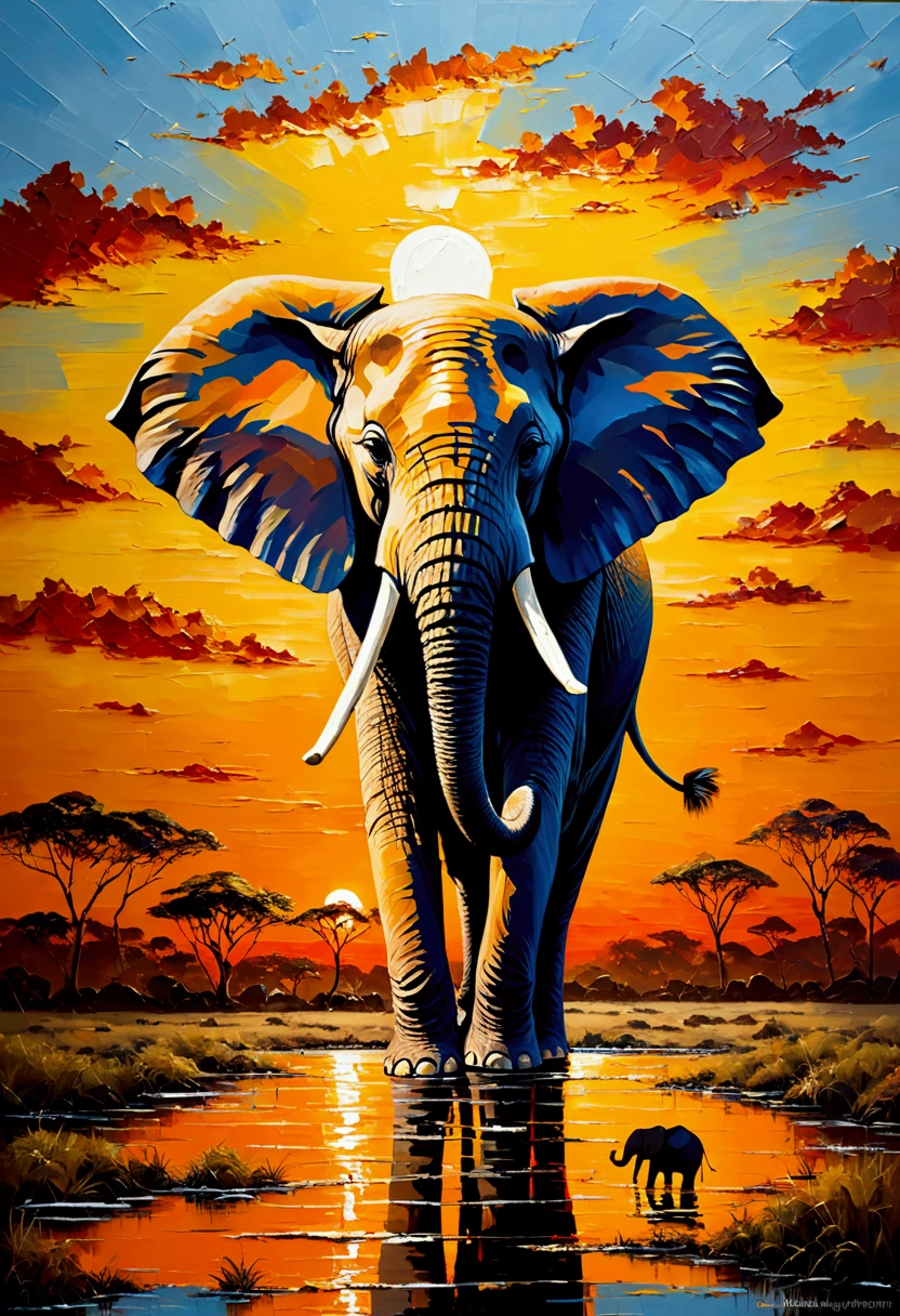 Painting made with oil paint and palette knife。In the savanna at sunset、There is one elephant。The elephant feels powerful。
