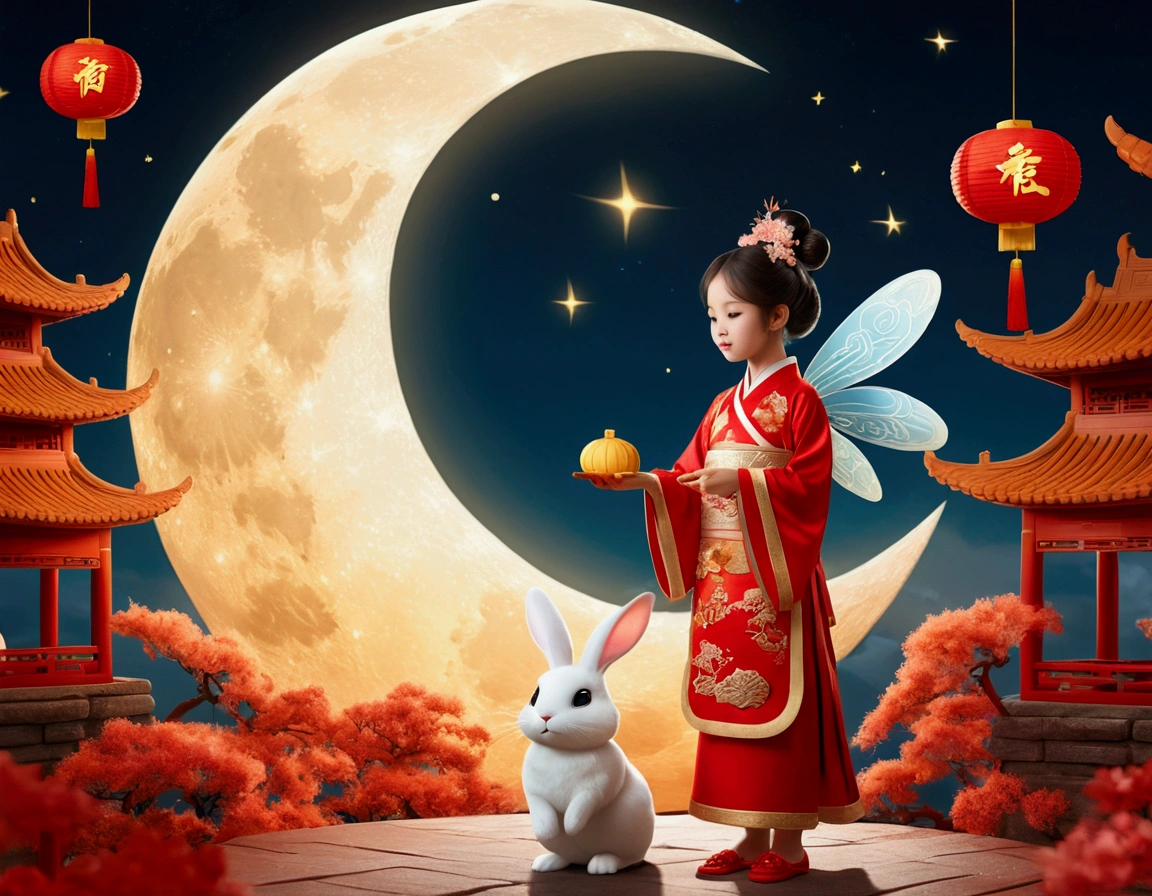Mid-Autumn Festival, Cute fairy dressed in ancient Chinese costume, and Ala rabbit playing next to the girl, Mooncake auspicious cloud, Behind the huge moon, warm color, abstract pictures, surrealism, pixar-style, 3d effect, Disney style, Clear contour light, Edge light, fantasy, spotlight lights, 8k --ar 3:4