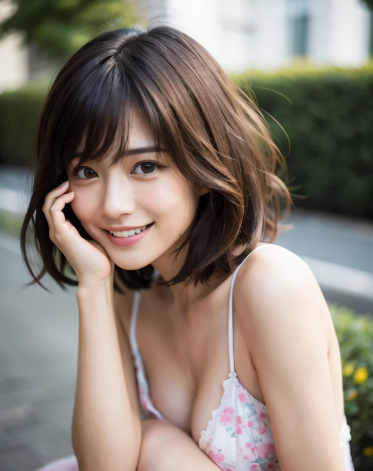 (Hyper Reality: 1.35), (Realistic: 1.4), A beautiful Japanese woman, smile, alone. (((No makeup))), masterpiece, 最high quality, high quality, alone, Very good, Latin, puberty, Only one girl, ((Perfect body)),((最high quality)),((Hello)),((Very delicate and beautiful)),((Very shallow depth of field)), Hmph,((Incredibly shallow depth of field)). family friendly, ((Very delicate and beautiful)), (((Very shallow depth of field))), Hmph, (((Unbelievably absurd))), (((Perfect body))), dark brown hair, blowing boyish bob hair, shag messy hair, wolf cut, big hair,  windで揺れる髪, Slim body type, ((( Camera Eye)))), (((small ))), (((A happy and wonderful smile))), poor, my + background, Dynamic Angle, Focus on the woman&#39;s eyes, {Particles of light}, Detailed background, Soft lighting, (dramatic), sunset, very beautiful sunset, Live Action, Realistic, cute smile, (blurred background), (((11 years old))),, ((wind)), ((Movement)), ((emotion)), ((colorful)), ((Baby Face:1.4)), ((Beautiful Teeth)), Wither, sea background, nsfw:1.8, BDSM:1.6, Very fair skin, ((super extra enormous breast:1.4)),(((cleavage1.4))), (((V-neck knit T-shirt))), (((fleaning forward))),