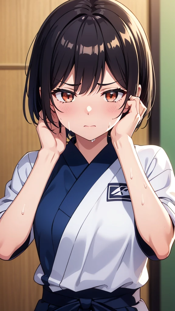 ((masterpiece, Highest quality, Very detailed, Very nice 8K CG wallpaper)), , A little thick, Medium Hair, Dark hair with a slight navy blue tint, short hair, dark orange eyes,judo player、長袖judo着、Large bust、ロングjudoパンツ、judo、Serious expression、Inside the judo Gymnasium、、On the tatami、discovery、One Girl、Ready for battle、A tough fight、Shiraishi Apricot、Bust Size D Cup、Sweating、It smells like it was in a fierce fight with a boy.、Boy is sweating、judo着激しい戦いしたときBoy is sweating、My nails are shining with sweat、The smell is on my skin from when I had a fierce fight with a boy.、The smell of sweat from boys and girls mixed together on my skin、My skin is shining with sweat、My hair is shining with sweat、My face is shining with sweat、My wrists smell of sweat after being touched by a boy.、My wrists are shining with sweat、My hands smell like sweat after being touched by a boy、My hands are shining with sweat、Glowing with sweat、Shining with body sweat、My eyes are shining with sweat、Drooping sweat、My nose is shining with sweat、The skin on my face is shining with sweat、I&#39;m a little smelly from sweat、素My hands are shining with sweat、素My hands smell like sweat after being touched by a boy