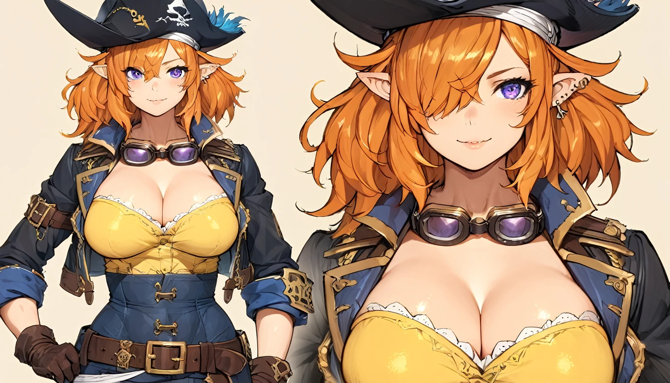 best quality,4k,8k, highres, masterpiece:1.2), ultra-detailed, extremely detailed eyes, extremely detailed body, (large masterpiece digital art), (detailed manga illustration), (detailed line art), ((perfect anatomy)), (intricate details:1.3), (ultra-detailed:1.3), (illustration:1.3), (sharp focus:1.3), (natural lighting:1.05), (vivid colors:1.3), (masterpiece), (best quality:1.4), (perfect anatomy:1.4), high quality, expressive eyes, full body, detailed face, beautiful face, perfect face, 1 girl, tall girl, breast, large breast, cleavage, detailed hair, medium hair, orange hair, hair over one eye, purple eyes, goggles around neck, (whale girl), fins, pointy ears, pirate, pirate hat, tricorne, earrings, ((yellow shirt)), crop top, cross-laced clothes, belt, wide smile, (sharp teeth), ((cropped jacket)), martial artist stance, (midriff), asymmetrical clothes, (asymmetrical pants), gloves, curvy, two-tone skin, black skin, jewelry, Intricate, High Detail, Sharp focus, design sheet, consistent character, turnaround, concept,