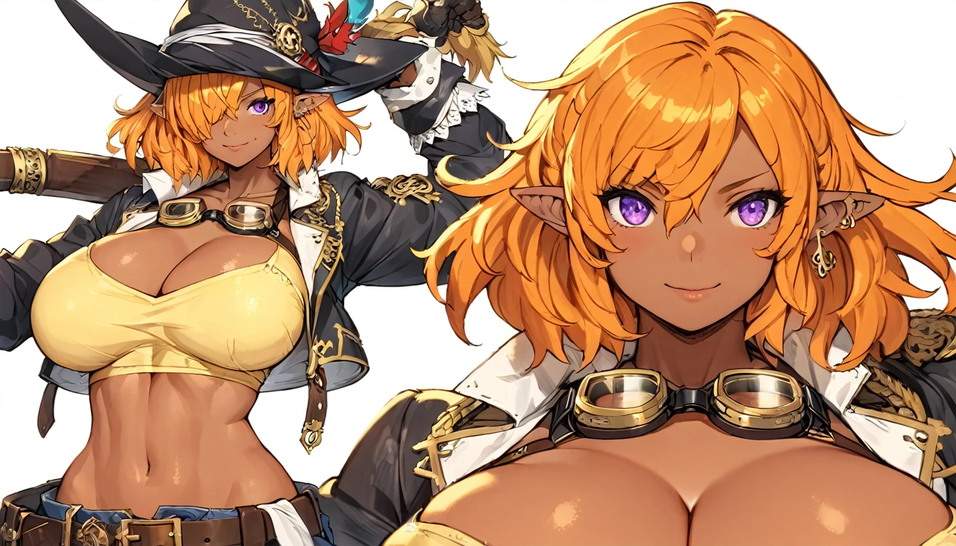 best quality,4k,8k, highres, masterpiece:1.2), ultra-detailed, extremely detailed eyes, extremely detailed body, (large masterpiece digital art), (detailed manga illustration), (detailed line art), ((perfect anatomy)), (intricate details:1.3), (ultra-detailed:1.3), (illustration:1.3), (sharp focus:1.3), (natural lighting:1.05), (vivid colors:1.3), (masterpiece), (best quality:1.4), (perfect anatomy:1.4), high quality, expressive eyes, full body, detailed face, beautiful face, perfect face, 1 girl, tall girl, breast, large breast, cleavage, detailed hair, medium hair, orange hair, hair over one eye, purple eyes, goggles around neck, (whale girl), fins, pointy ears, pirate, pirate hat, tricorne, earrings, ((yellow shirt)), crop top, cross-laced clothes, belt, wide smile, (sharp teeth), ((cropped jacket)), martial artist stance, (midriff), asymmetrical clothes, (asymmetrical pants), gloves, curvy, two-tone skin, black skin, jewelry, Intricate, High Detail, Sharp focus, design sheet, consistent character, turnaround, concept,
