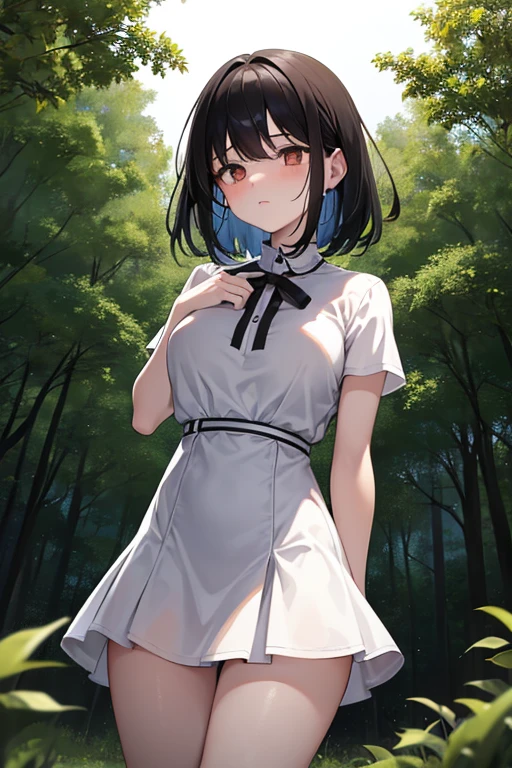A ghost girl, her legs begin to fade from the middle of her thighs down, she is floating in the middle of the woods in the night and she wears a pretty short, low-cut white dress. Straight, long and black hair, big and brown eyes, extremely pale skin, thick thighs and big, juicy tits. Cute and tender appearance, round face.