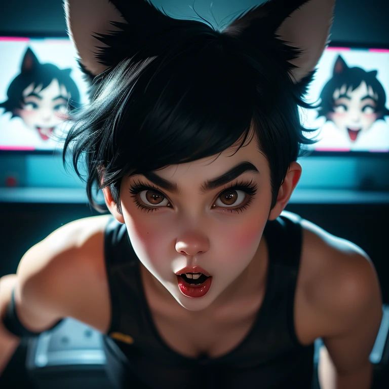 cheeky playful wolf girl with short black hair, comical expression, squinted eyes, Developing hair, cartoon style, Exaggerated traits, humorous pose, Unusual details, speech bubble with ❤, funny background elements, dynamic composition, Bold contours, expressive mouth, raised eyebrows, high-quality digital art, Quirky atmosphere