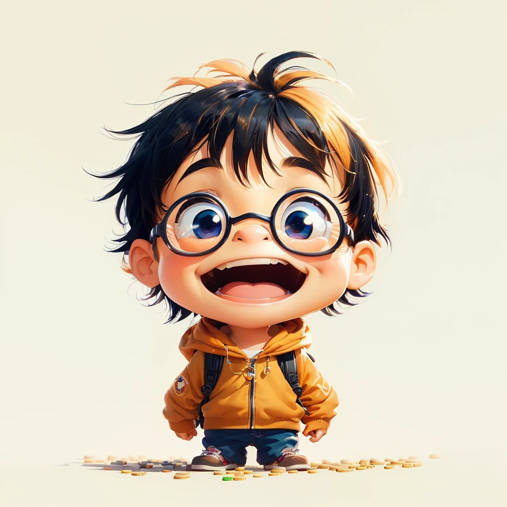 wearing glasses、Cartoon boy with backpack standing in front of a pile of coins, Happy and enthusiastic smile,Cute digital painting, Cute cartoon characters, Lovely and detailed digital art, Cute digital art, pixar Lovely characters design, Cute Pixar characters, Lovely characters, Children's art on the art station, Cartoon Numbers, Cute 3d rendering
