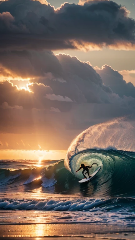 A surfer riding a large wave, sunset ocean landscape, dramatic cloudy sky, wet sand beach, splashing water, sun glare, photorealistic, cinematic lighting, vibrant colors, (best quality,4k,8k,highres,masterpiece:1.2),ultra-detailed,(realistic,photorealistic,photo-realistic:1.37)