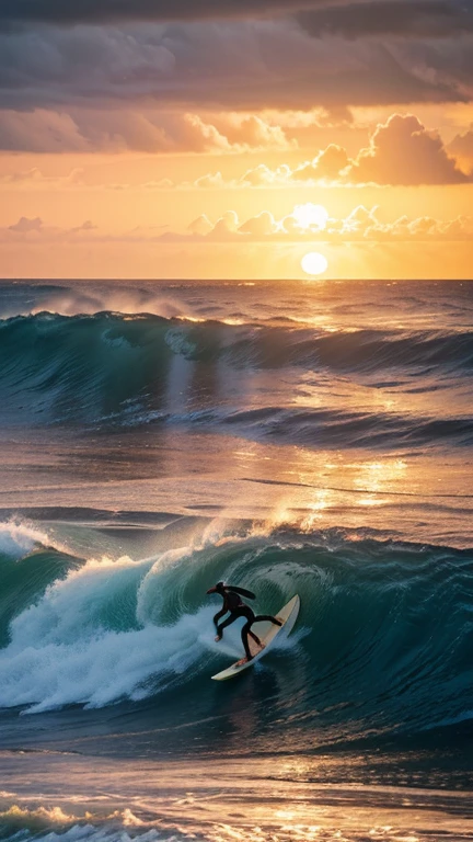 A surfer riding a large wave, sunset ocean landscape, dramatic cloudy sky, wet sand beach, splashing water, sun glare, photorealistic, cinematic lighting, vibrant colors, (best quality,4k,8k,highres,masterpiece:1.2),ultra-detailed,(realistic,photorealistic,photo-realistic:1.37)
