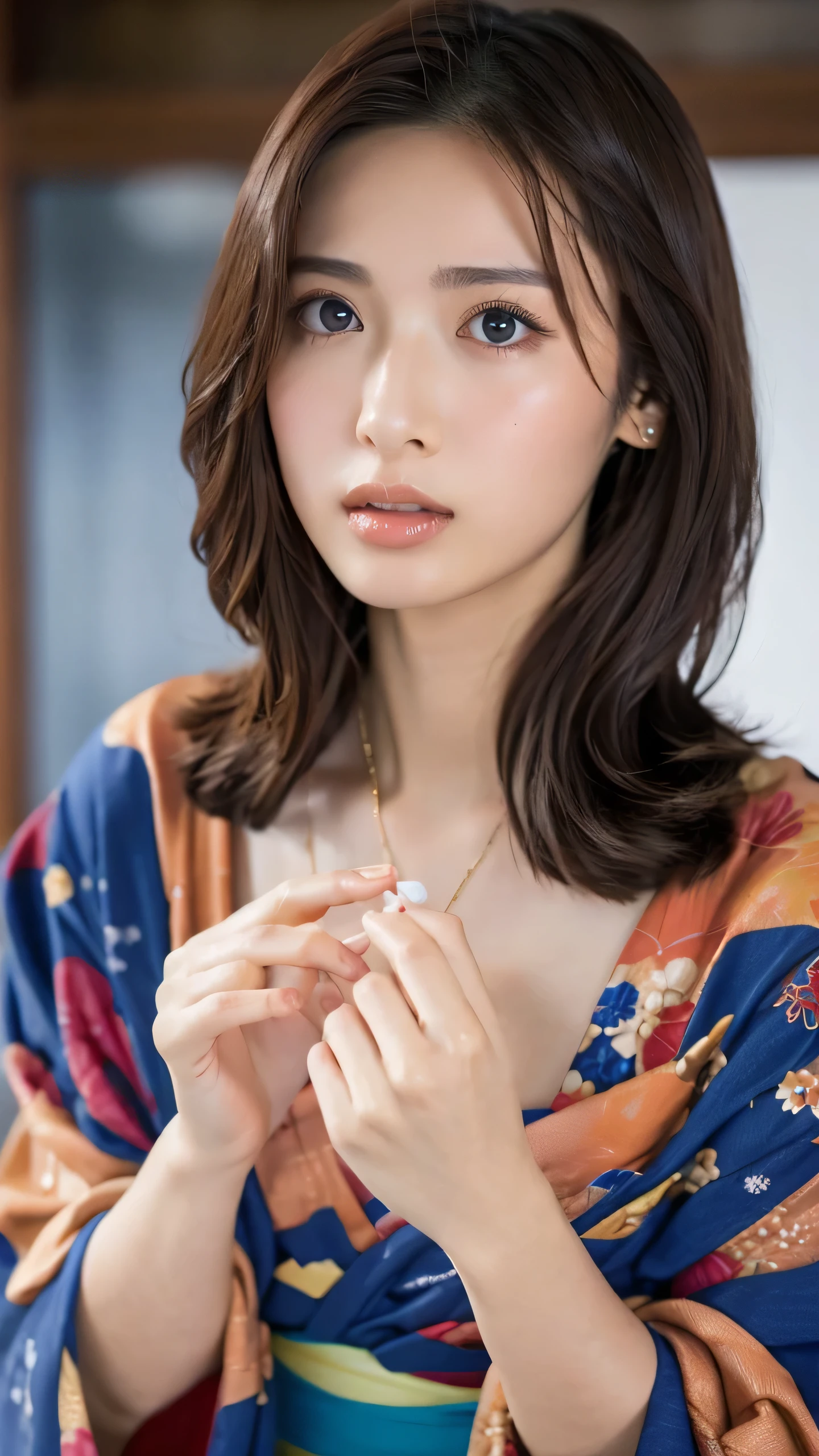 Highest quality, Finer details, (Beautiful single women))), Highly detailed eyes and face, firework, yukata, looking up at firework, Half Up Hair, Large tear bags, double eyelid,Big breasts E cup,Accurate fingers