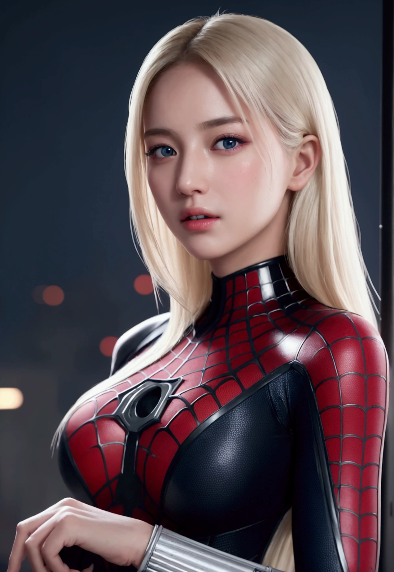 (1girl:1.3), Solo, (((Very detailed face)))), ((Very detailed eyes and face)))), Beautiful detail eyes, Body parts__, Official art, Unified 8k wallpaper, Super detailed, beautiful and beautiful, beautiful, masterpiece, best quality, original, masterpiece, super fine photo, best quality, super high resolution, realistic realism, sunlight, full body portrait, amazing beauty, dynamic pose, delicate face, vibrant eyes, (from the front), She wears Spider-Man suit, red and black color scheme, spider, very detailed city roof background, rooftop, overlooking the city, detailed face, detailed complex busy background, messy, gorgeous, milky white, highly detailed skin, realistic skin details, visible pores, clear focus, volumetric fog, 8k uhd, DSLR, high quality, film grain, fair skin, photo realism, lomography, futuristic dystopian megalopolis, translucent Tsunade senju blonde hair ,