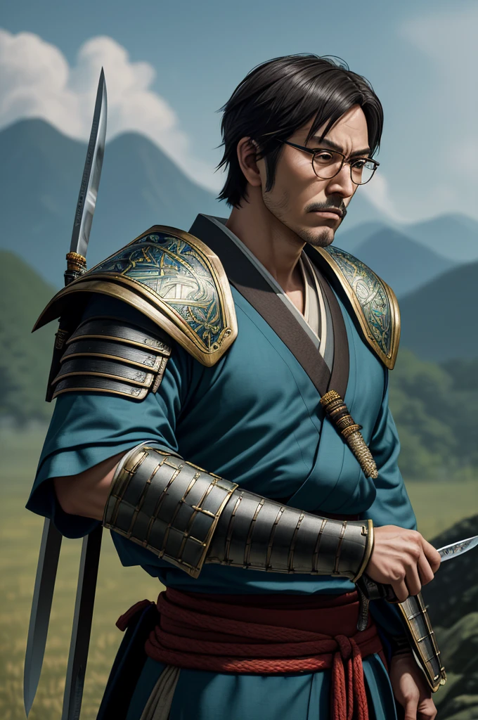 high quality, masterpiece, High resolution, alone,（Kishida Fumio）, roar_mouth, Spirit, 1 Boy,kimono，knife，日本knife，Daimyo，No flag，Jinhaori，Fumaru，Sengoku period，brigandine,gat,hauberk,Evening sky_background，Anime Style, 最high quality, 4K, masterpiece, Middle Age，Tax increase glasses, alone, 1 , Upper Body, (Front angle),(looking at the camera),(Artfully crafted brilliance,),(Two arms)，Looking at the camera, Shinkai Makoto style,Short Hair， (Full Finger),(Accurate fingertips), (The finer details),(Anatomically correct),(映画のbackground), Hyper Detail, (Subtle details), (Intricate details), Octane Rendering，
