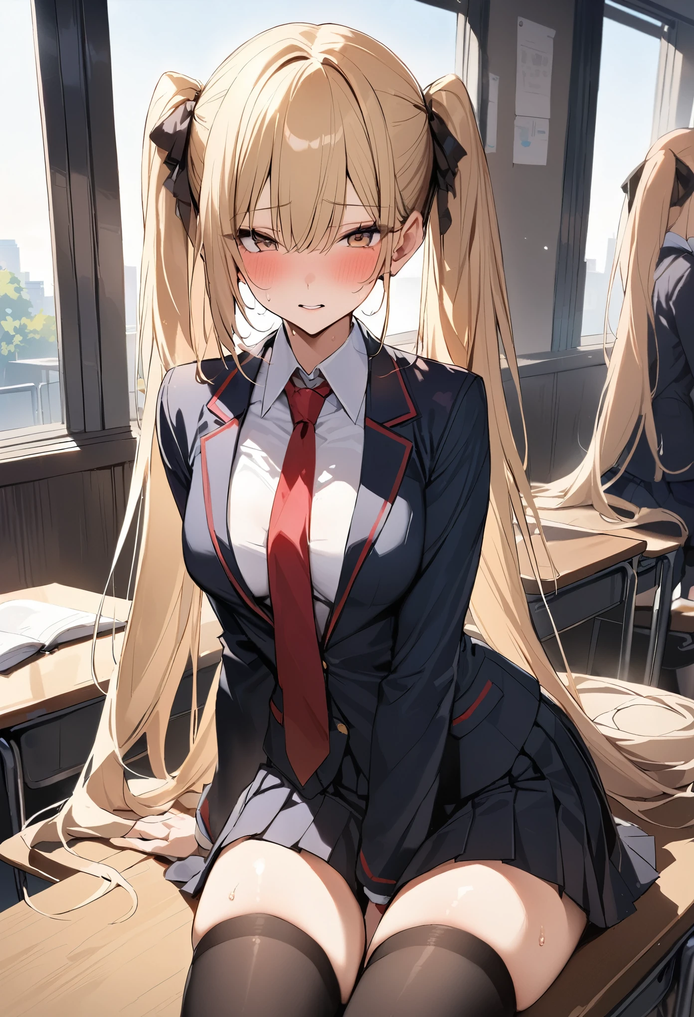 ((masterpiece,best quality anime,Highest quality:1.3)),cowboy shot,Mature Beauty,独奏,1woman,((very small head:1.3)),((ideal ratio body proportions:1.2)),blonde hair,high twin tails,straight long hair,bangs,gorgeous eyes,brown eyes,shy,(Academy制服、Black blazer jacket、Red tie、Black pleated mini skirt),black_thighhighs,black hair ties,((slender body,skinny)),medium breasts,sweat:1.3,gleaming skin,shiny skin,sitting,Simple chair、Simple desk、classroom、Academy、Modern Tokyo、nsfw,