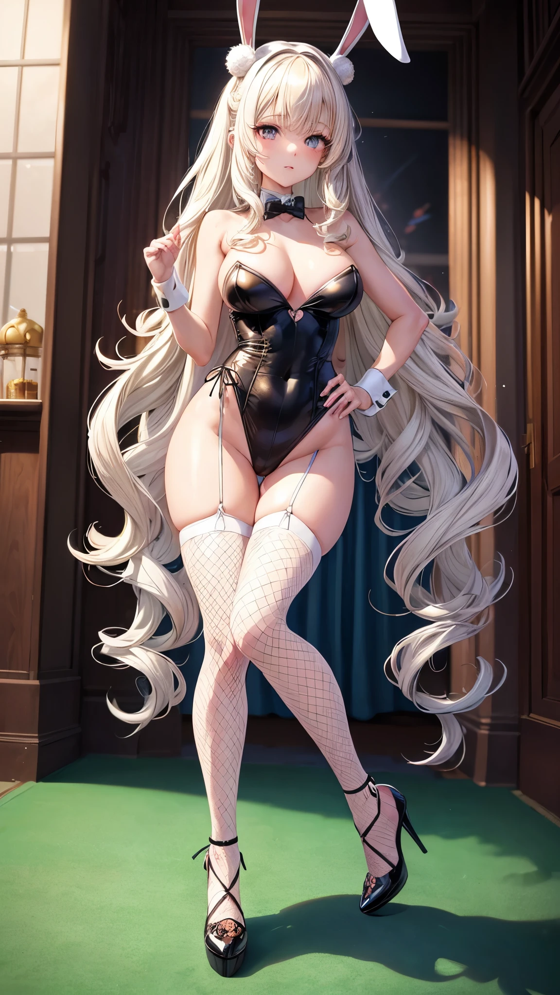((Best Quality)), (ultra-detailliert), ((Extremely detailed)), (Beautiful), ((Kawaii Girl)),(two side up hair)、((masutepiece)), ((Platinum Blonde Hair)), Long hair, hair between eye, Wavy Hair, Long sideburns, Jade-colored eyes, White skin,Colossal tits、Rabbit ears, Slender body, Playboy bunny, Fishnet tights, High heels , Casino, One Woman, Anime