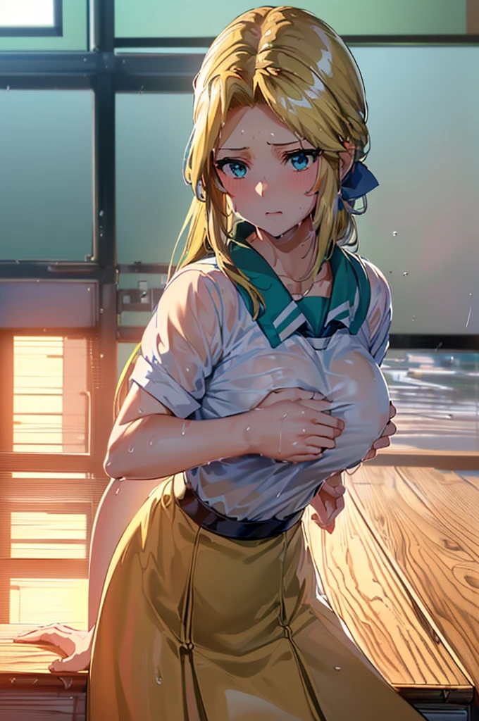 8k(Close-up of face) Masterpiece ((woman,The facial expression is accurate,Anime style face,greenish blue eyes )) Group (((((Location: School classroom))))) (((((The place is school))))) (((((womanは授業を受けている))))) 8k(((((high school girl))))) 8k(((((Wet)))))8k(I am giving you a letter called a love letter.)