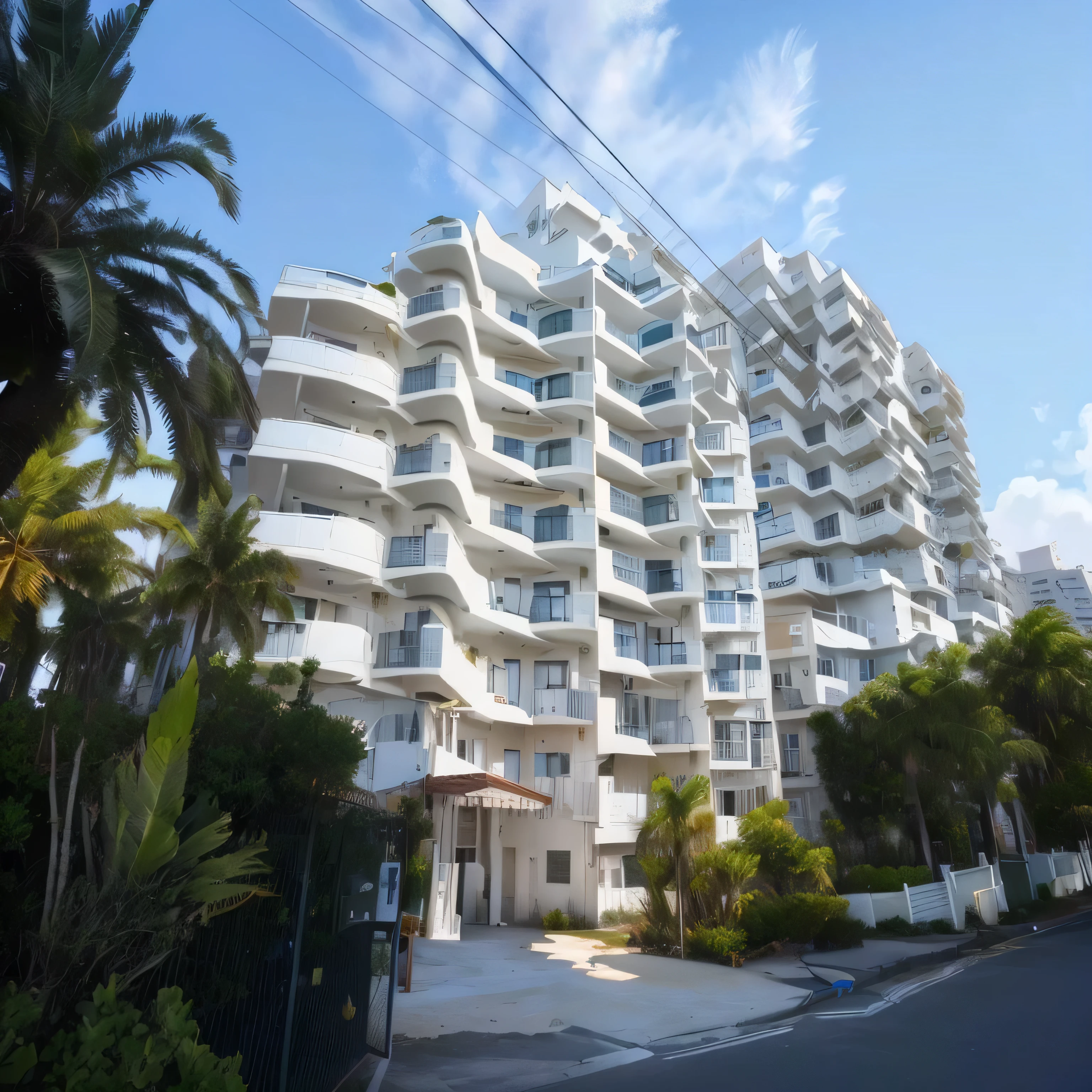 A little deformation, View of a large white building with many balconies, Residential, Entire building, exterior view, View from the sea, Beachfront, from ground, Apartment, Residential area, Complex!!, A highly acclaimed masterpiece, exterior, Around the city, 3 4 5 3 1, wide angle exterior 2022, exterior, in a Beachfront environment, Vivid!!