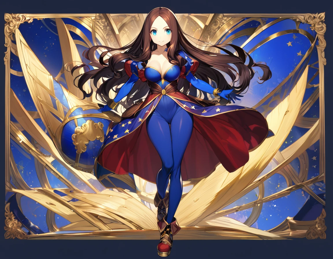 1girl(fate grand order, Leonardo da Vinci, brown straight hair, light blue eyes, blue opera length gloves, bule long tights, short boots), simple back ground,