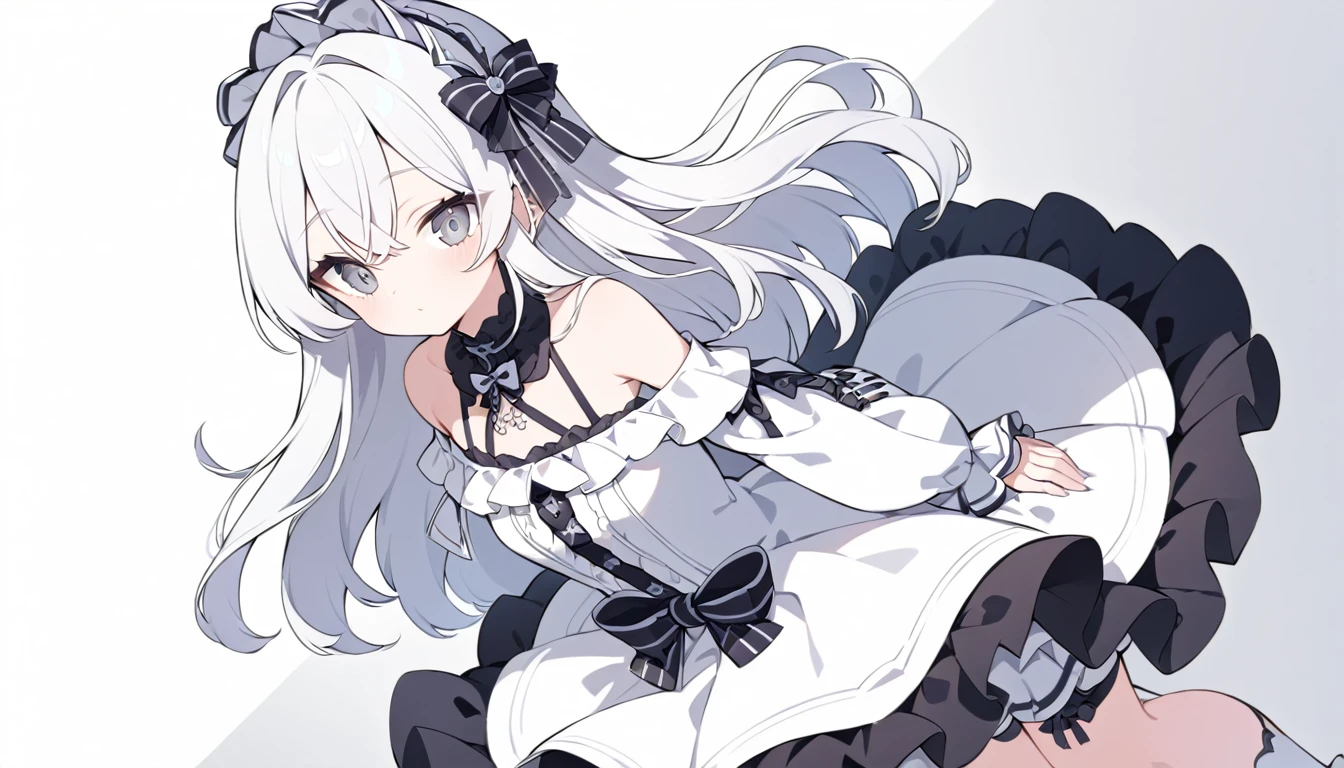 ultra-detalled,Cute , Long white hair, Silver eye, Bare shoulder Lolita,White clothes, whole body