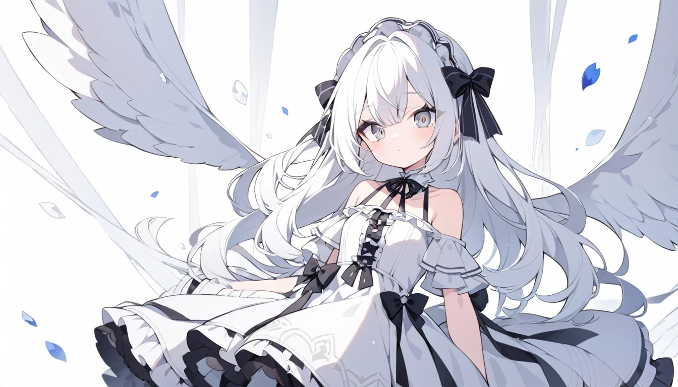 ultra-detalled,Cute ,　Long white hair,　Silver eye, 　Bare shoulder Lolita,White clothes, whole body