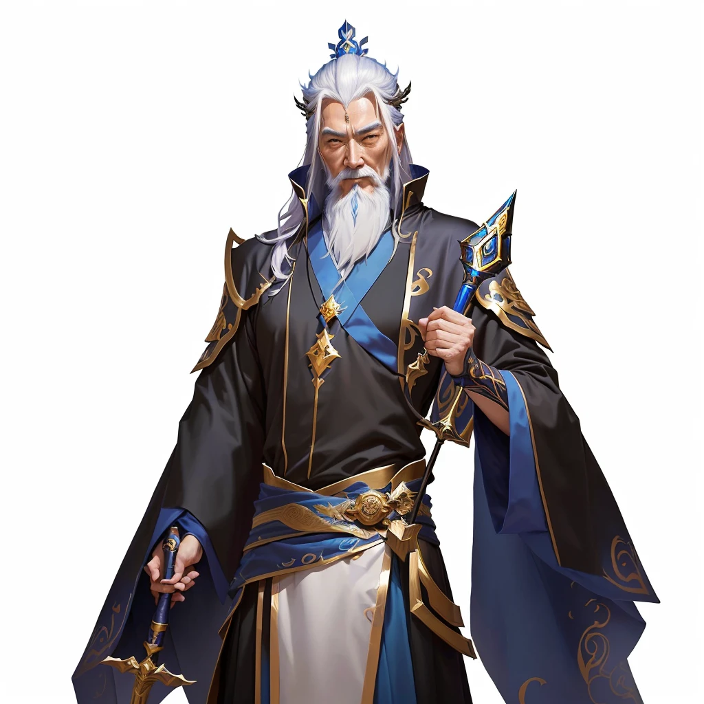 Cartoon image of a wizard holding a scepter and staff, Taoist priest, Male wizard, Old male teacher, Olchas Logan Healing Liang Xing, ( ( Artificial Intelligence Art God King ) ), G Liulian art style, author：Chen Zhou, inspired Huang Shen, Onmyoji detailed art, Taoist master, Huang Shen