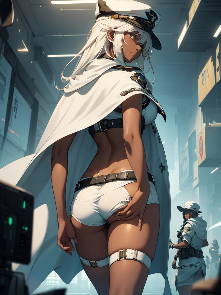 (​masterpiece、top-quality、hight resolution、Unity 8k、extremely details CG:1,Best Picture), Girl taking frisking position. This scene is seen from the point of view of the protagonist, who is standing behind the woman. The woman is facing forward and does not look at the camera. ramlethalms, ((dark skin)), (((from behind)))