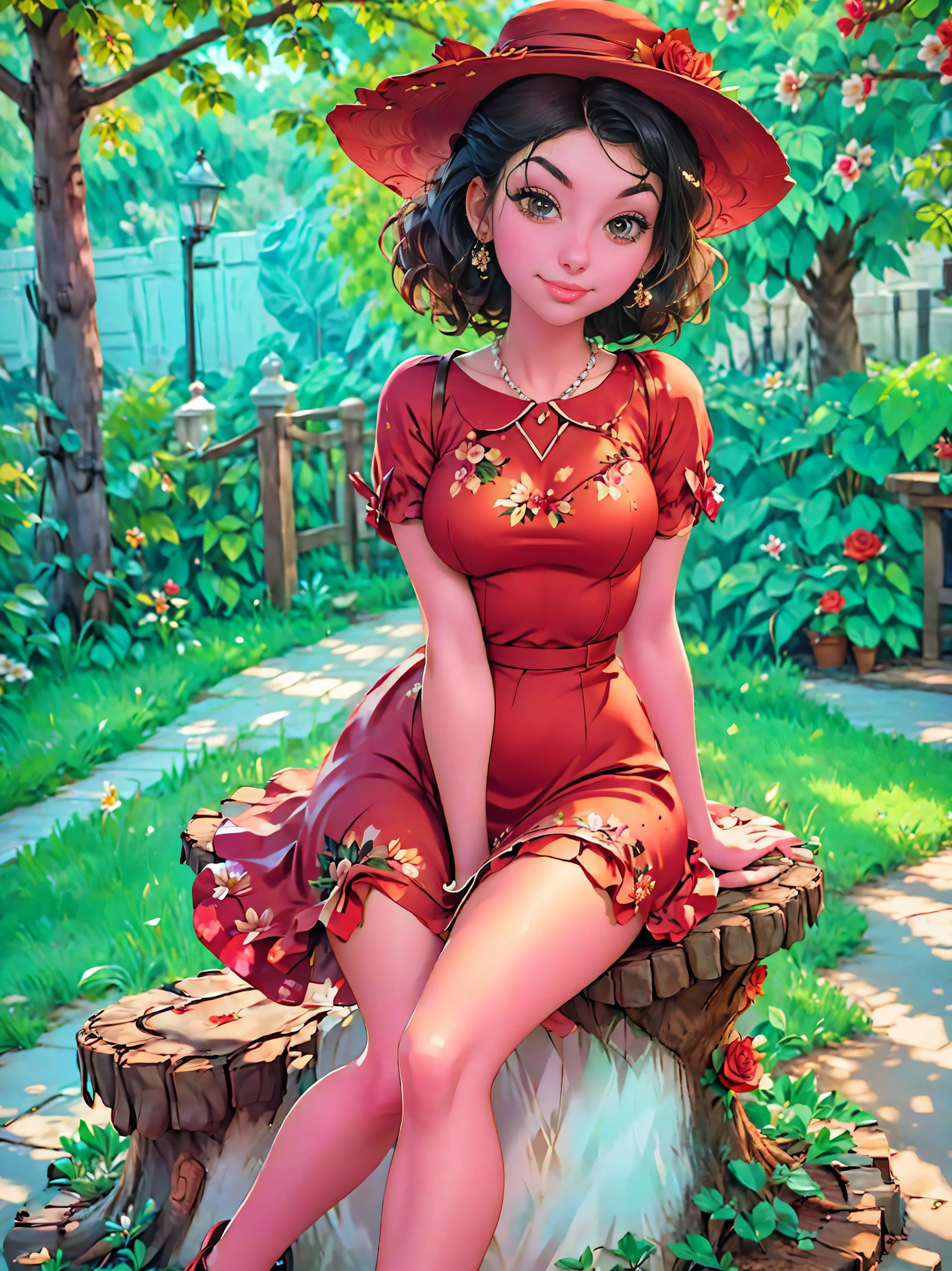 woman sitting on a tree stump wearing a dress and hat, a portrait by Zofia Stryjenska, tumblr, renaissance, pinup style, rockabilly style, romantic dress, dressed in a flower dress, red rose in hair, red floral dress, red dress and hat, rockabilly, floral couture, black and red dress, dressed like in the 1940s