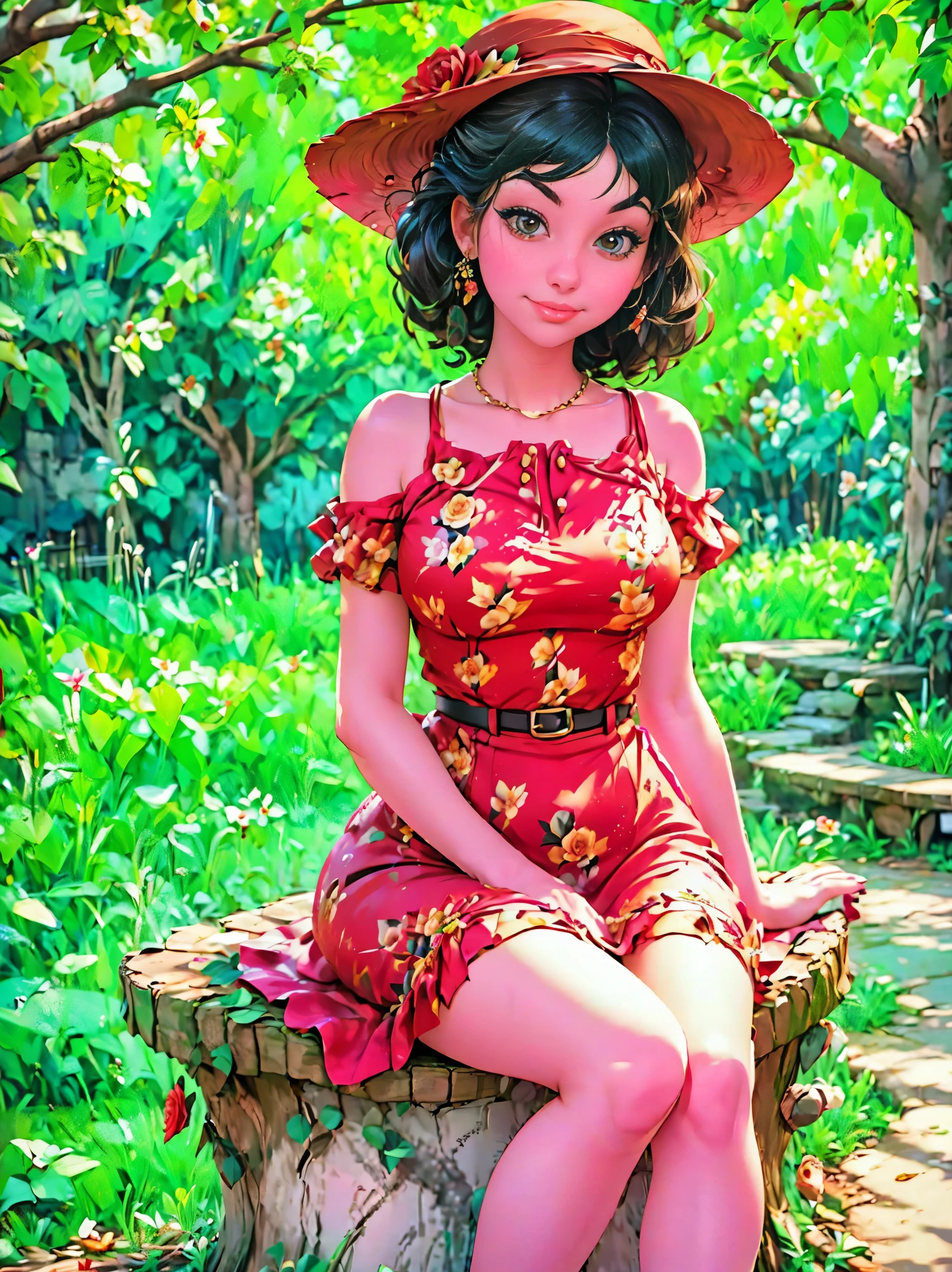 woman sitting on a tree stump wearing a dress and hat, a portrait by Zofia Stryjenska, tumblr, renaissance, pinup style, rockabilly style, romantic dress, dressed in a flower dress, red rose in hair, red floral dress, red dress and hat, rockabilly, floral couture, black and red dress, dressed like in the 1940s