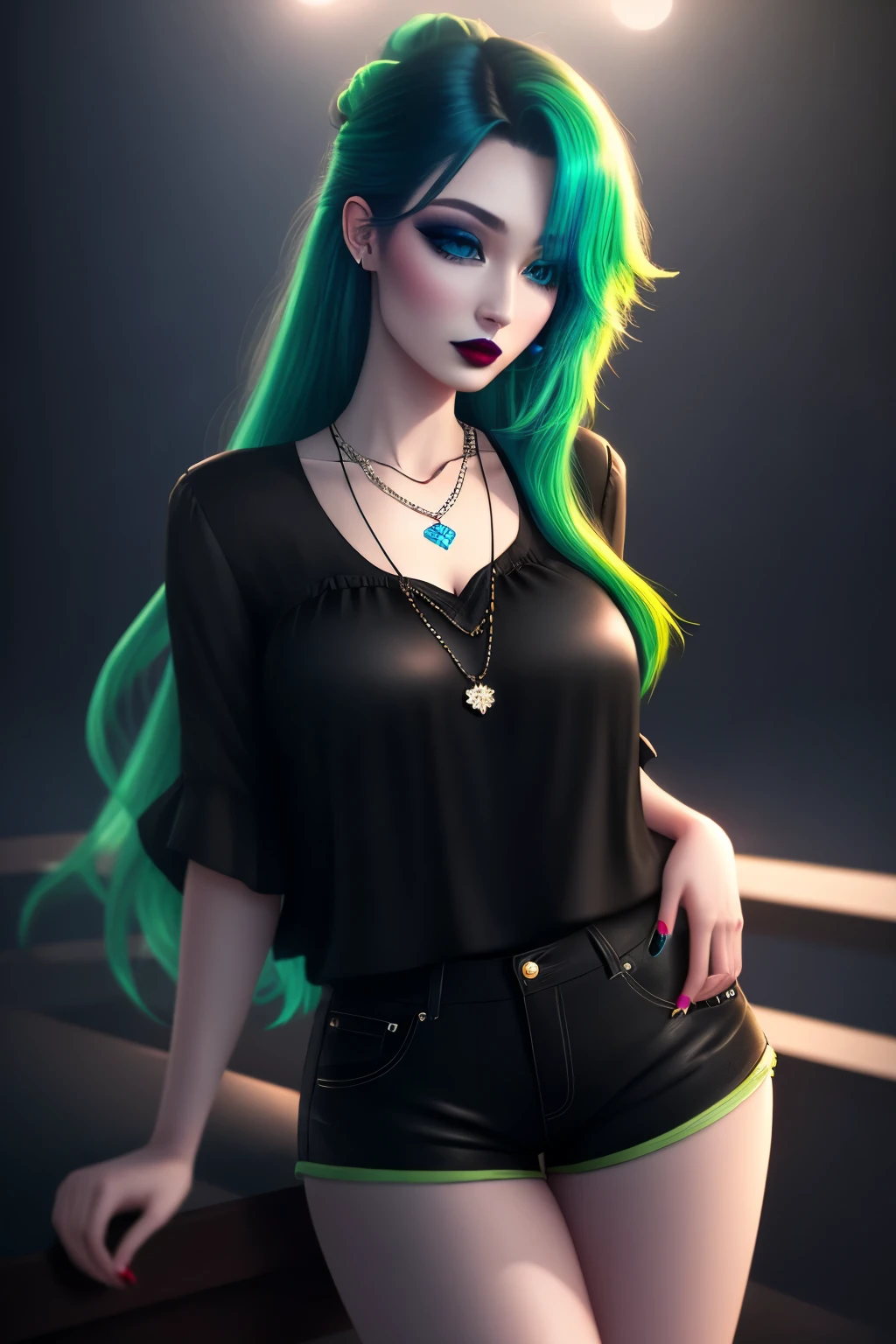 a one woman, blue colored eyes, black eye makeup, red lipgloss stick, long hair, slickedback hair, blue green hair, necklace with a black stone, black blouse, shorts bem curto, black shorts with pink hearts, cinematic lighting, wide shot, uhd, super detail, high details, high quality, best quality, highres, 8k