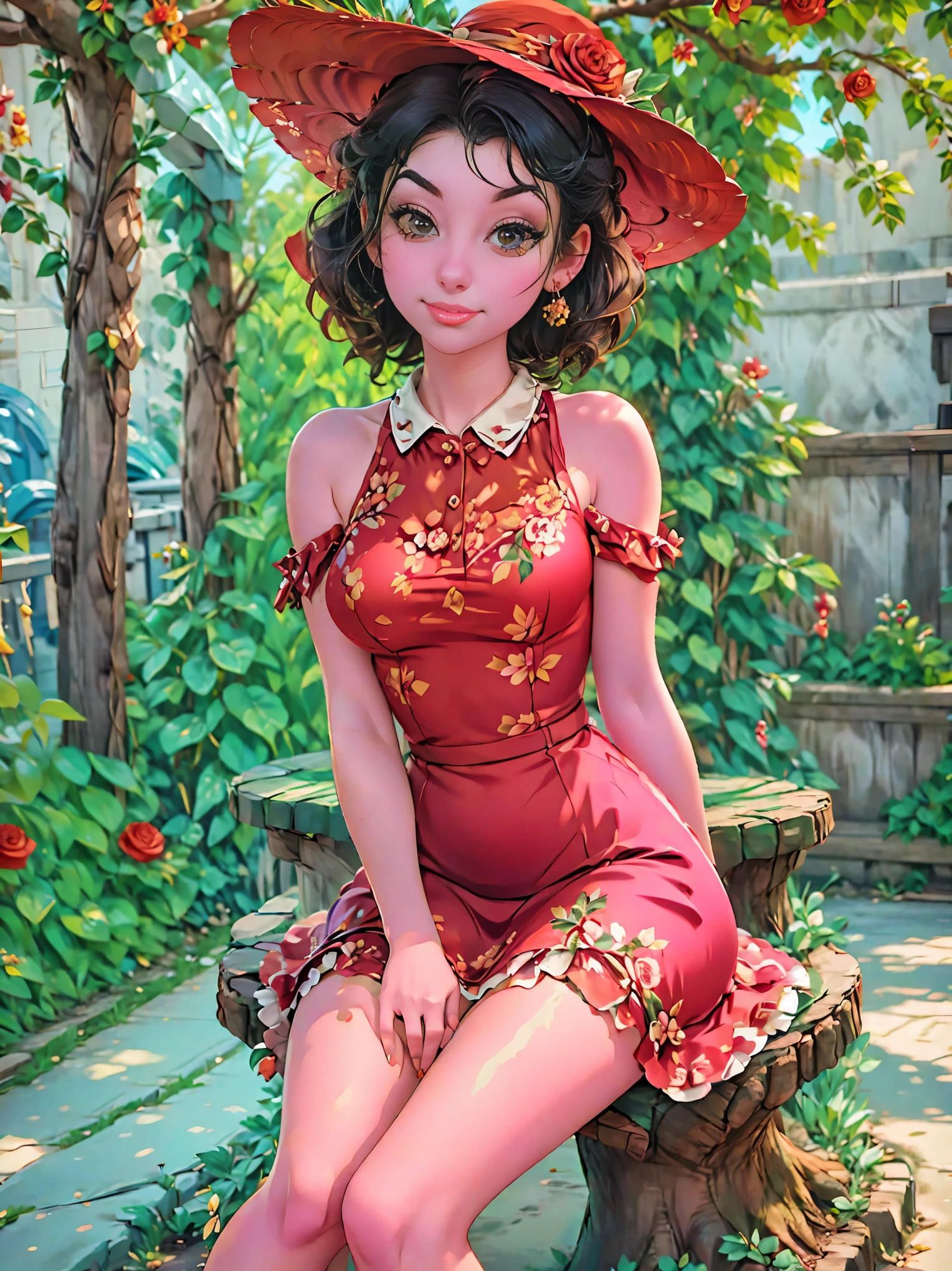 woman sitting on a tree stump wearing a dress and hat, a portrait by Zofia Stryjenska, tumblr, renaissance, pinup style, rockabilly style, romantic dress, dressed in a flower dress, red rose in hair, red floral dress, red dress and hat, rockabilly, floral couture, black and red dress, dressed like in the 1940s