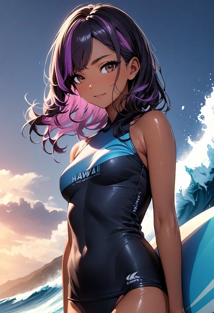 (highest quality:1.2, Very detailed, up to date, Vibrant, Ultra-high resolution, High Contrast, masterpiece:1.2, highest quality, Best aesthetics), Portraiture、girl、((25-years-old:1)), (black evening dress:1.3), loose fit, Bright colors、Beautiful fine details、Beautiful lip detail, long hair、black and purple ((streaked hair:1.6)), highlights hair: 1.5, brown eyes, ((slim body:1.4)), (small breast:0.7), (dark skin:0.5), (a female surfing athlete:1), (riding surfboard:1.5), surfing wear, big wave, Hawaii, (cowboy shot:1.5),