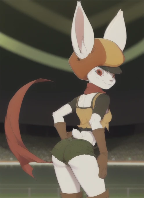 sorrel, furry female anthro, rabbit girl, standing, portrait, tranquil, cabbie hat, red scarf, crop top, gloves, boots, green shorts, solo, (body fur:1.2), (best quality), (blurry anime arena  background:1.2), small breasts, dramatic lighting, detailed fluffy fur, looking at viewer, smile, rabbit tail, ((ass)),