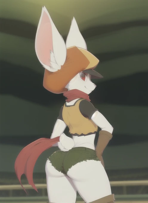 sorrel, furry female anthro, rabbit girl, standing, portrait, tranquil, cabbie hat, red scarf, crop top, gloves, boots, green shorts, solo, (body fur:1.2), (best quality), (blurry anime arena  background:1.2), small breasts, dramatic lighting, detailed fluffy fur, looking at viewer, smile, rabbit tail, ((ass)),