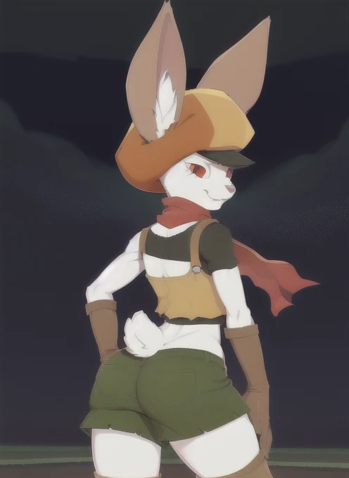 sorrel, furry female anthro, rabbit girl, standing, portrait, tranquil, cabbie hat, red scarf, crop top, gloves, boots, green shorts, solo, (body fur:1.2), (best quality), (blurry anime arena  background:1.2), small breasts, dramatic lighting, detailed fluffy fur, looking at viewer, smile, rabbit tail, ((ass)),