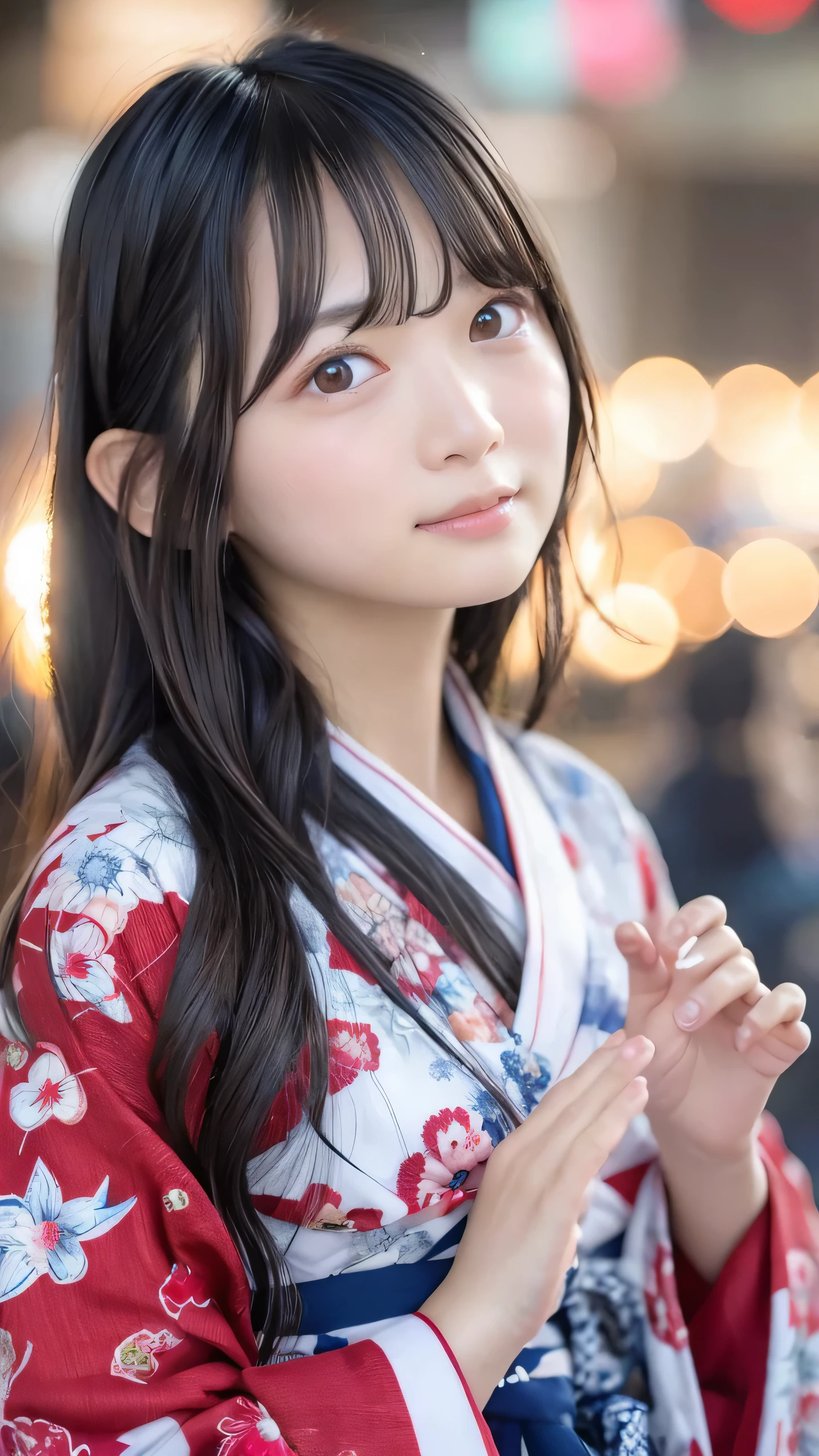 Highest quality, Finer details, (Beautiful single women))), Highly detailed eyes and face, firework, yukata, looking up at firework, Half Up Hair, Large tear bags, double eyelid,Big Breasts,Accurate fingers,arms behind back