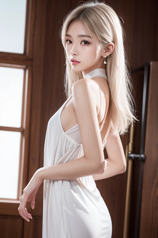 ((from side,One girl shown from the waist up))、Real***女性、cute、((Small breasts))、(((Long white hair)))、((Completely naked))、((Oversized wide armhole dress、One nipple,)） And a very slim figure,,,,,、Very thin leganicules、Earrings、Pink Lip、choker、Real、Sexual、Highest quality、Detailed face、Detailed Background、Depth of written boundary、whole body viewing angle、Sexual、alone、night,Highest quality、High resolution、超High resolution（Real：1.4）Detailed eyes、Gradation、Perfect anatomical figure、Woman with perfect body、Highly detailed skin、非常にDetailed face、Beautiful eyes in every detail、Background Blur