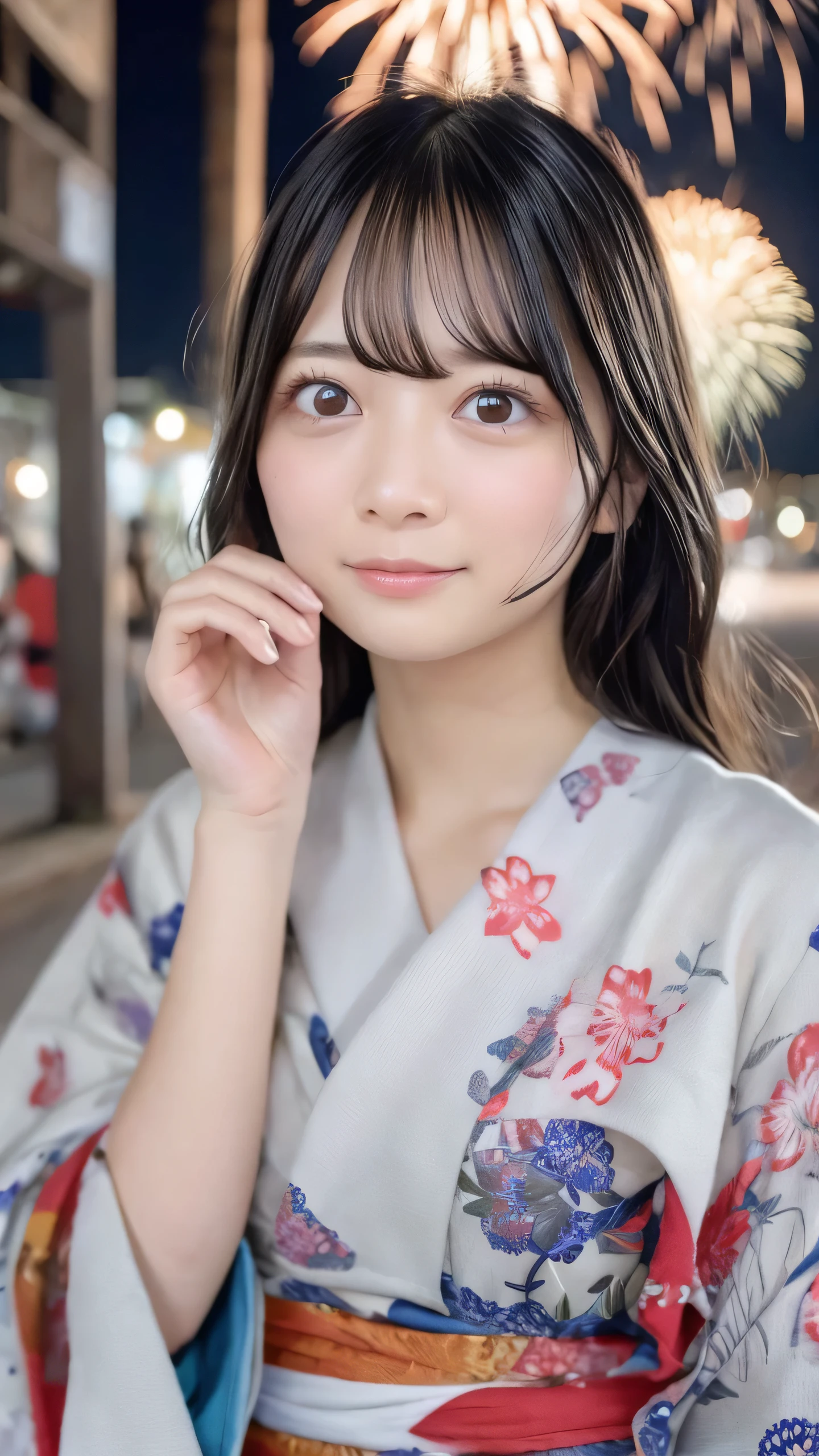 Highest quality, Finer details, (Beautiful single women))), Highly detailed eyes and face, firework, yukata, looking up at firework, Half Up Hair, Large tear bags, double eyelid,Big Breasts,Accurate fingers,arms behind back