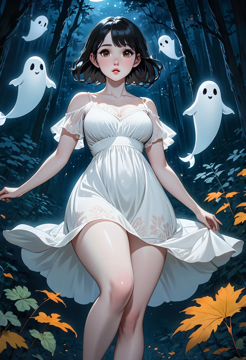 A ghost girl, her legs begin to fade from the middle of her thighs down, she is floating in the middle of the woods in the night and she wears a pretty short, low-cut white dress. Straight, long and black hair, big and brown eyes, extremely pale skin, thick thighs and big, juicy tits. Cute and tender appearance, round face.