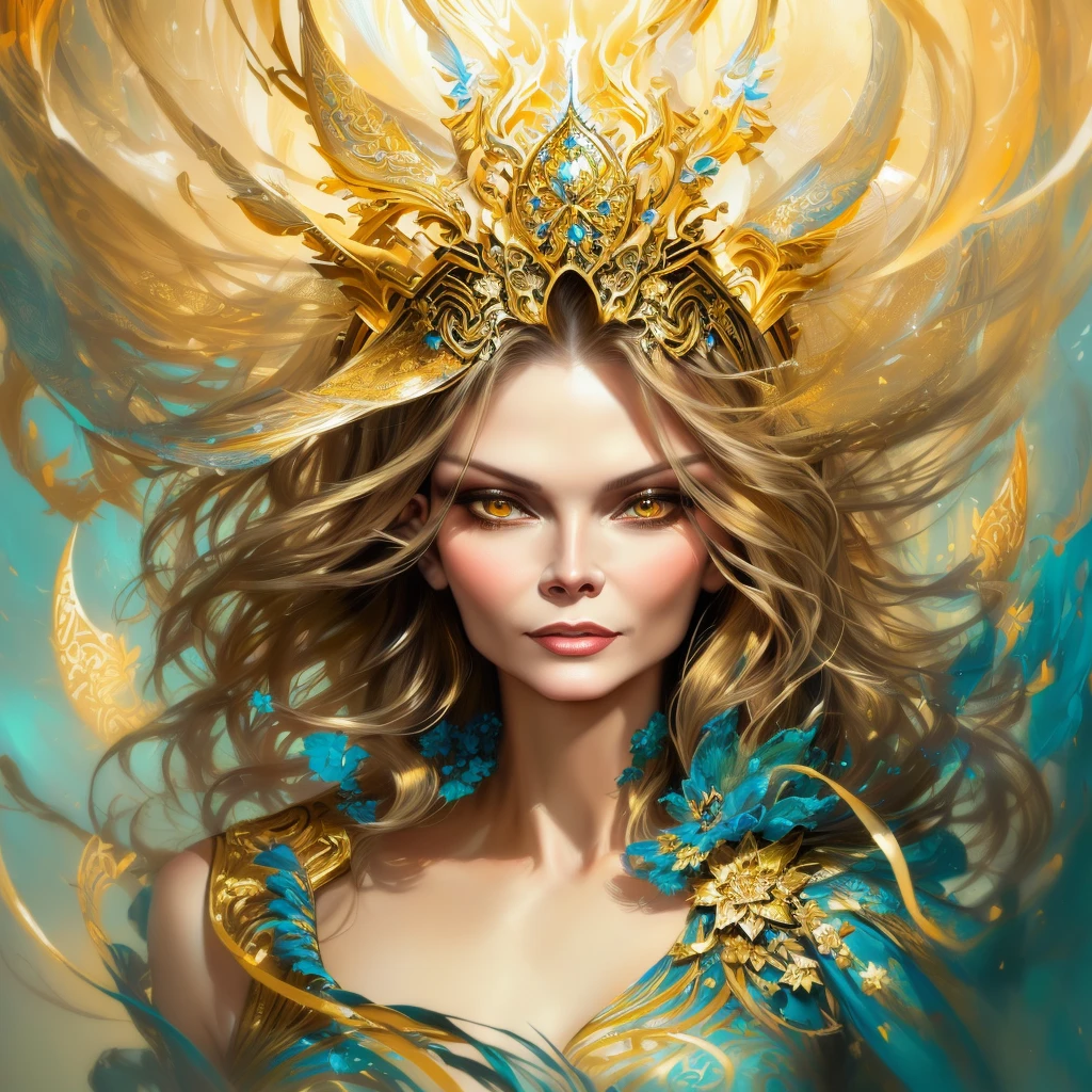 a painting of ((michelle Pfeiffer)) woman with a golden headpiece and a blue background, beautiful gorgeous digital art, karol bak uhd, gorgeous digital art, dreamy art, beautiful digital art, exquisite digital illustration, a beautiful artwork illustration, style of karol bak, expressive beautiful painting, beautiful digital artwork, intricate oil painting artwork, by Karol Bak, hauntingly beautiful art