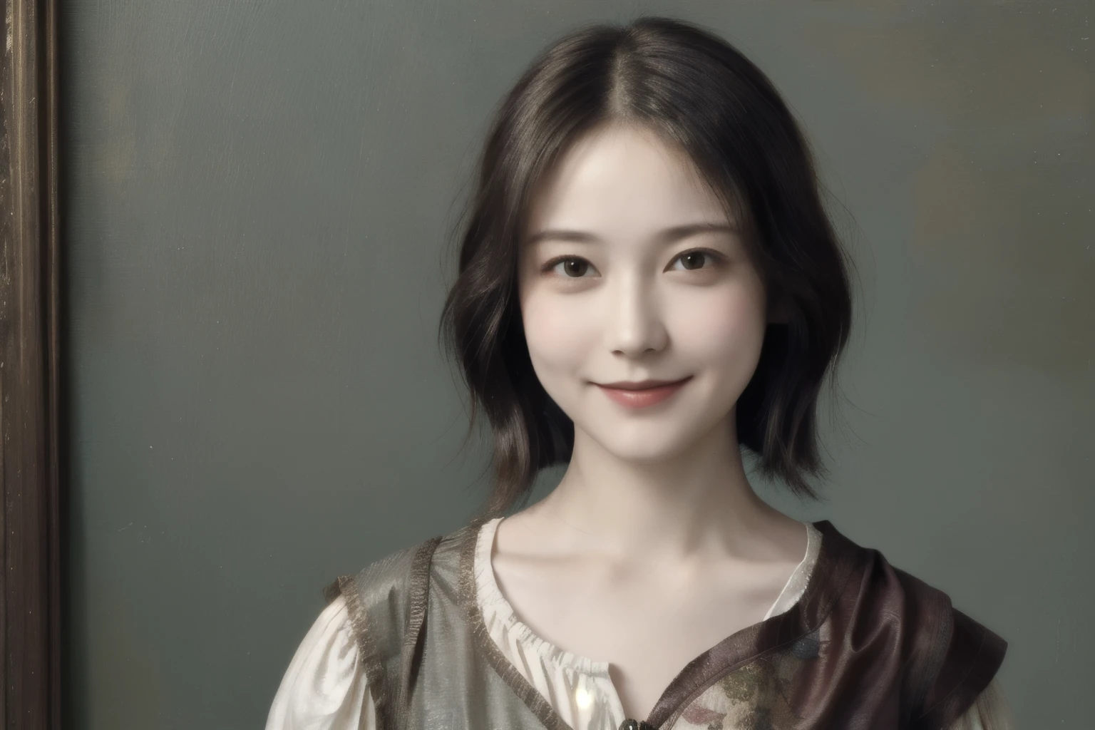 262 20-year-old female,(Short Hair 46),(Genuine,chest:1.5),Old-fashioned smile,(Paintings by Leonardo da Vinci),flower