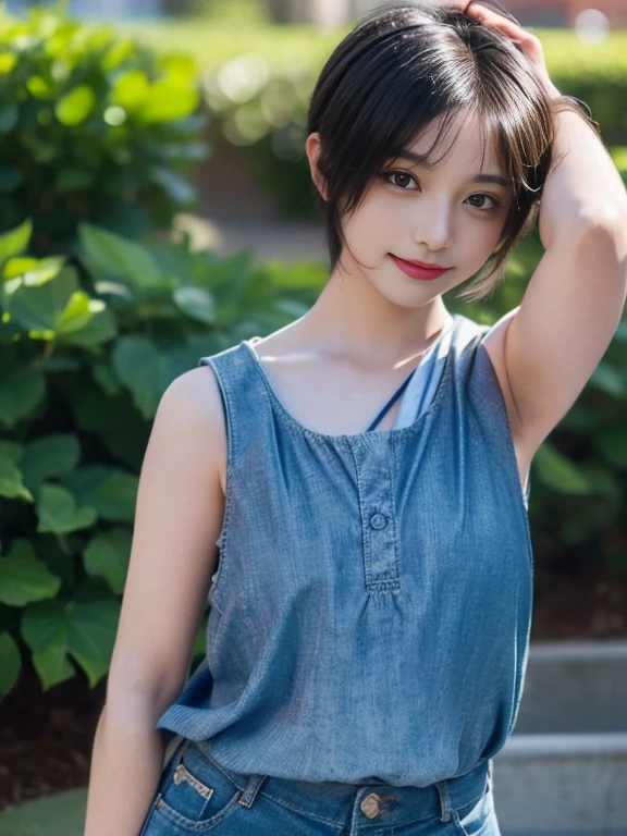 ((ultra-detailed)), ((best quality)), ((best quality)), ((beautiful eyes)), ((extremely detailed)), 4K, (8K), best quality, (beautiful), nice hands, perfect hands, 1girl, solo, upper body, (looking at viewer:1.3), pov, from side, (reaching towards viewer:1.3), standing, black hair, short hair, hair down, black eyes, tareme, half-closed eyes, smile, , blue sky, rainbow, shinjukucity, Shining, (sleeveless), sleeveless animejojihuku, kids cloth, kids fashion, ((dawn blouse)), loose front, cutie shirt, arm up, denim shorts, outdoors, randoseru backpack, ,Cute young,Cute young ,,Tank top, arm up,