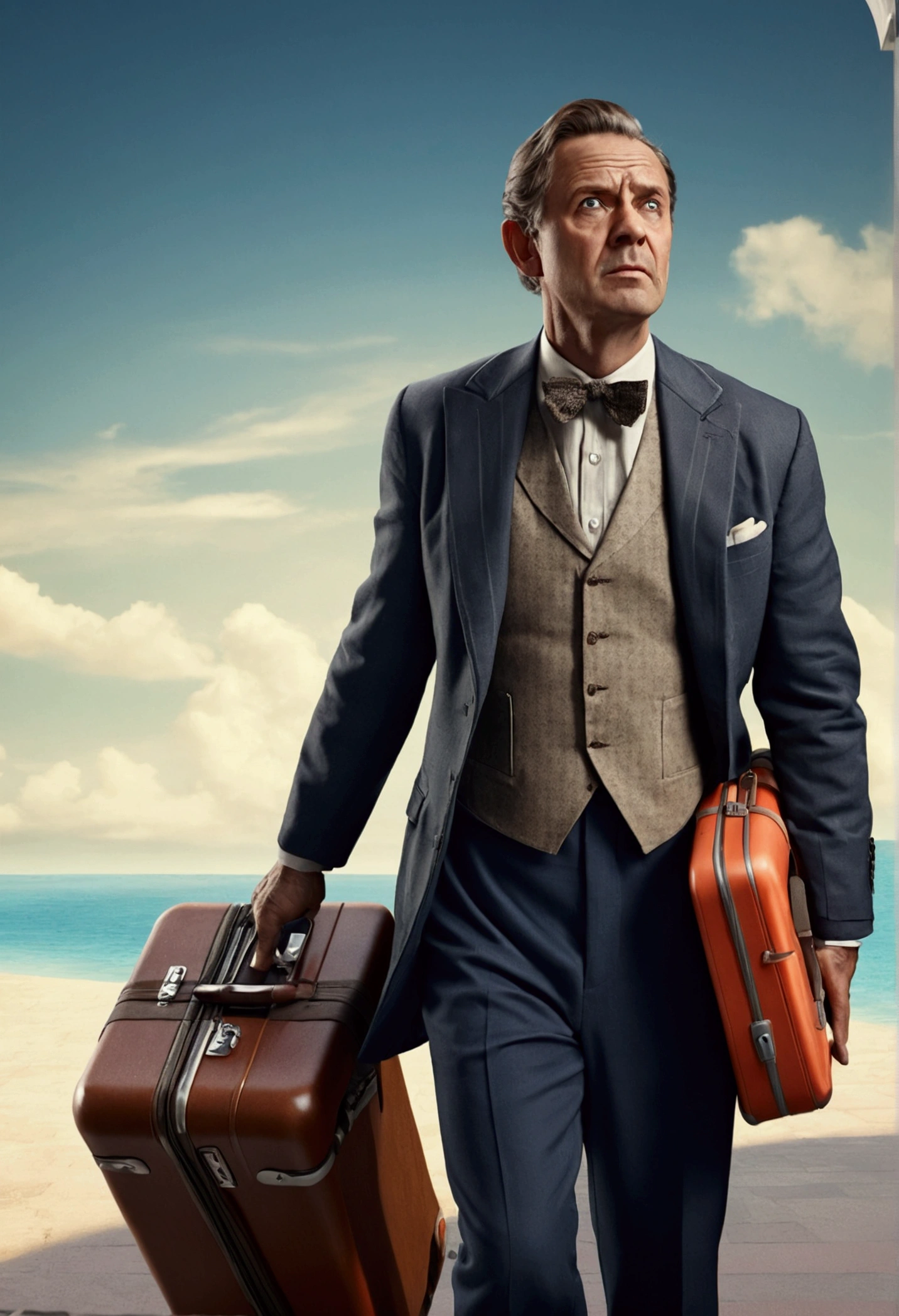 A realistic image of a gentleman with a tensed expression, carrying luggage, and showing signs of back pain. He appears worried about whether his vacation will be spoiled.
