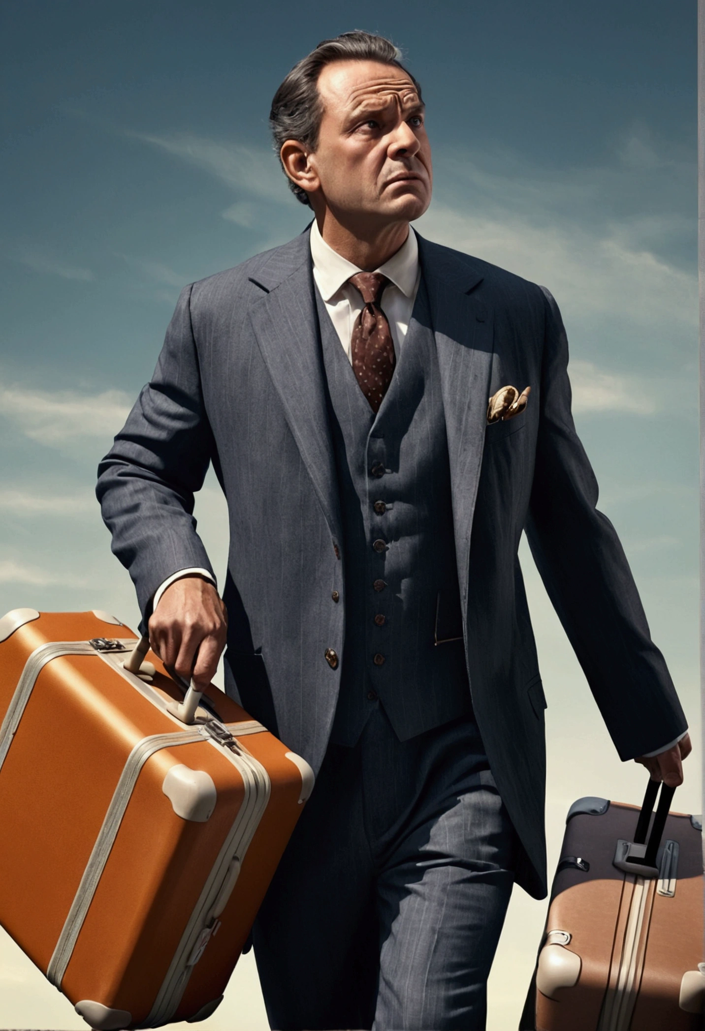 A realistic image of a gentleman with a tensed expression, carrying luggage, and showing signs of back pain. He appears worried about whether his vacation will be spoiled.
