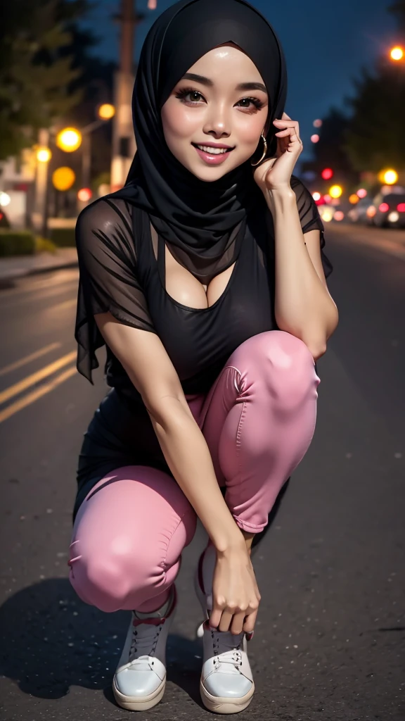 mira filzah squat and laughing, squatting, open both leg, wearing pastel pink jeans and blouse in nighttime city, (mira filzah:1.3), wearing hijab, pastel color hijab, pink , , small breast, flat chest, bright lighting,